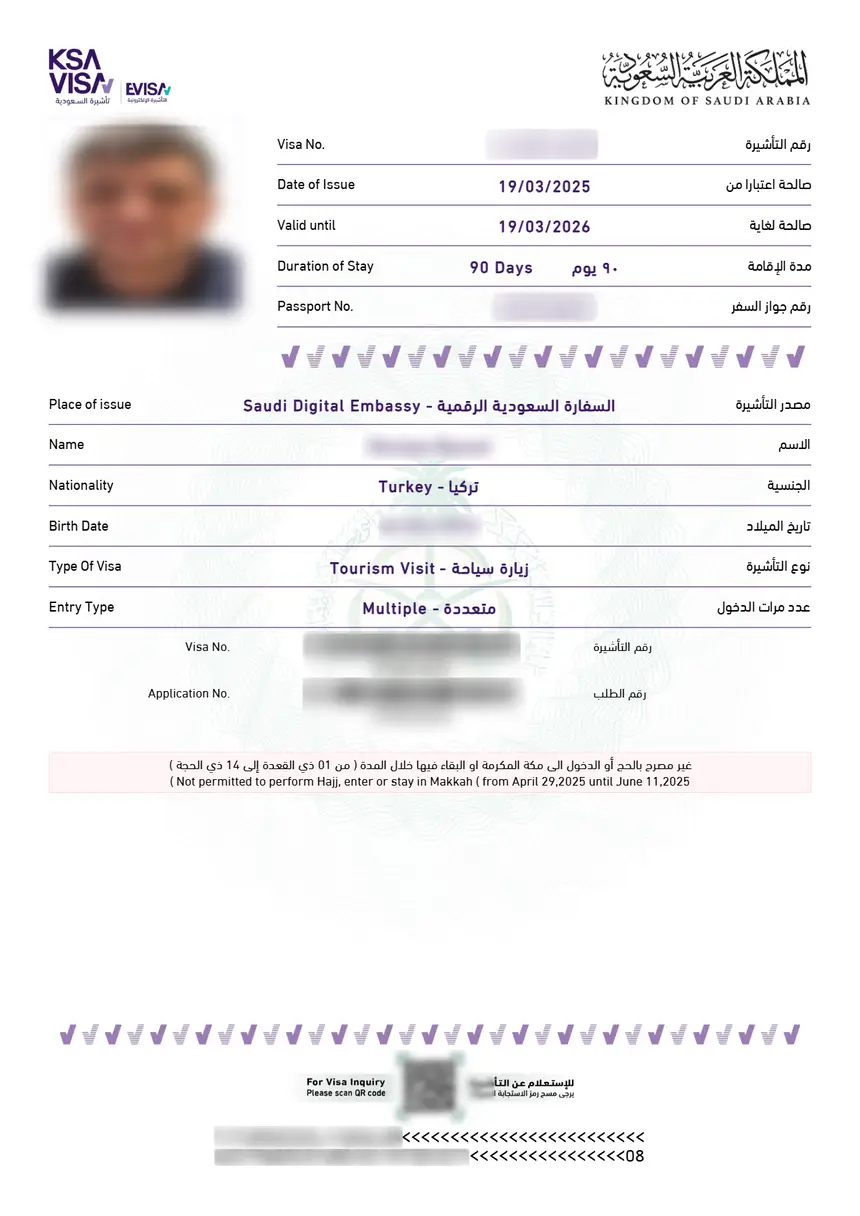 Sample Saudi Arabia tourist eVisa
